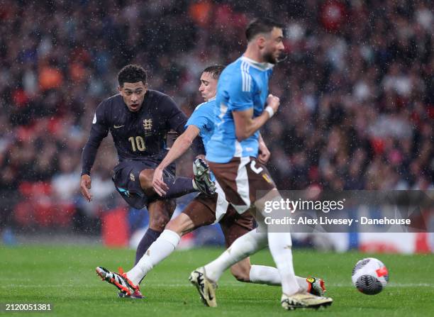 Jude Bellingham of England shoots during the international friendly match between England and Belgium at Wembley Stadium on March 26, 2024 in London,...
