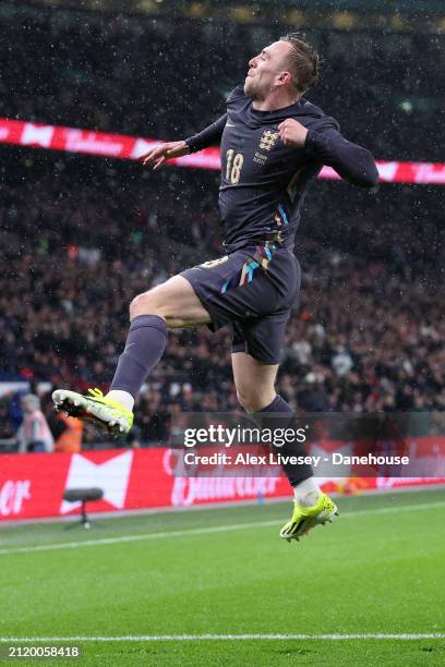 Jarrod Bowen of England celebrates after scoring a goal which is subsequently disallowed by VAR during the international friendly match between...