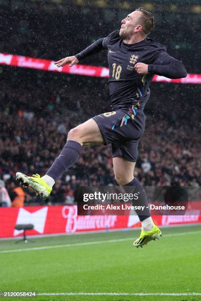 Jarrod Bowen of England celebrates after scoring a goal which is subsequently disallowed by VAR during the international friendly match between...