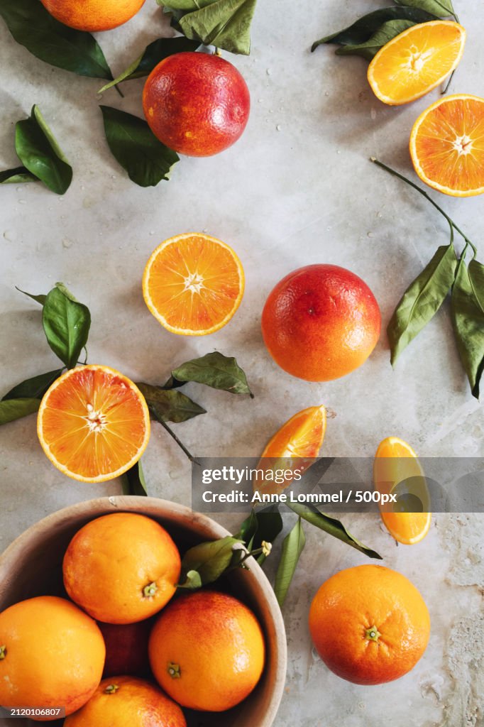 High angle view of orange fruits on table,Nommern,Luxembourg