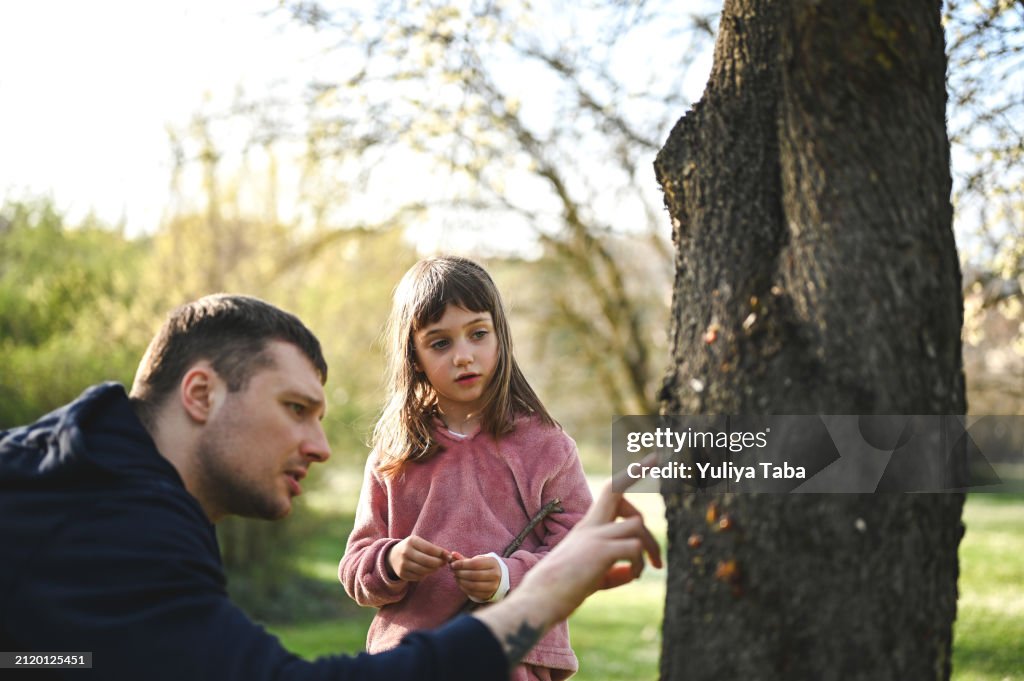 Family exploring natural red resin on a tree.