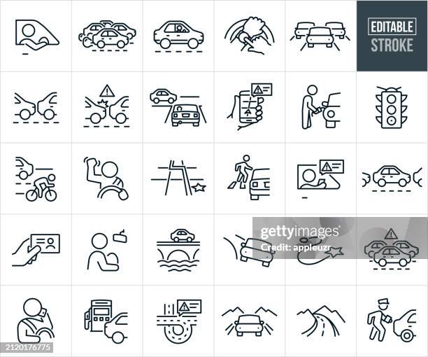 ilustraciones, imágenes clip art, dibujos animados e iconos de stock de iconos de línea delgada de conducción y tráfico - trazo editable - paso peatonal raya indicadora