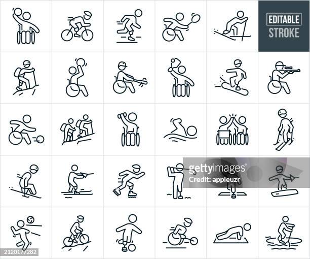 adaptive sportarten und adaptive athleten dünne liniensymbole - bearbeitbarer strich - disabled athlete stock-grafiken, -clipart, -cartoons und -symbole