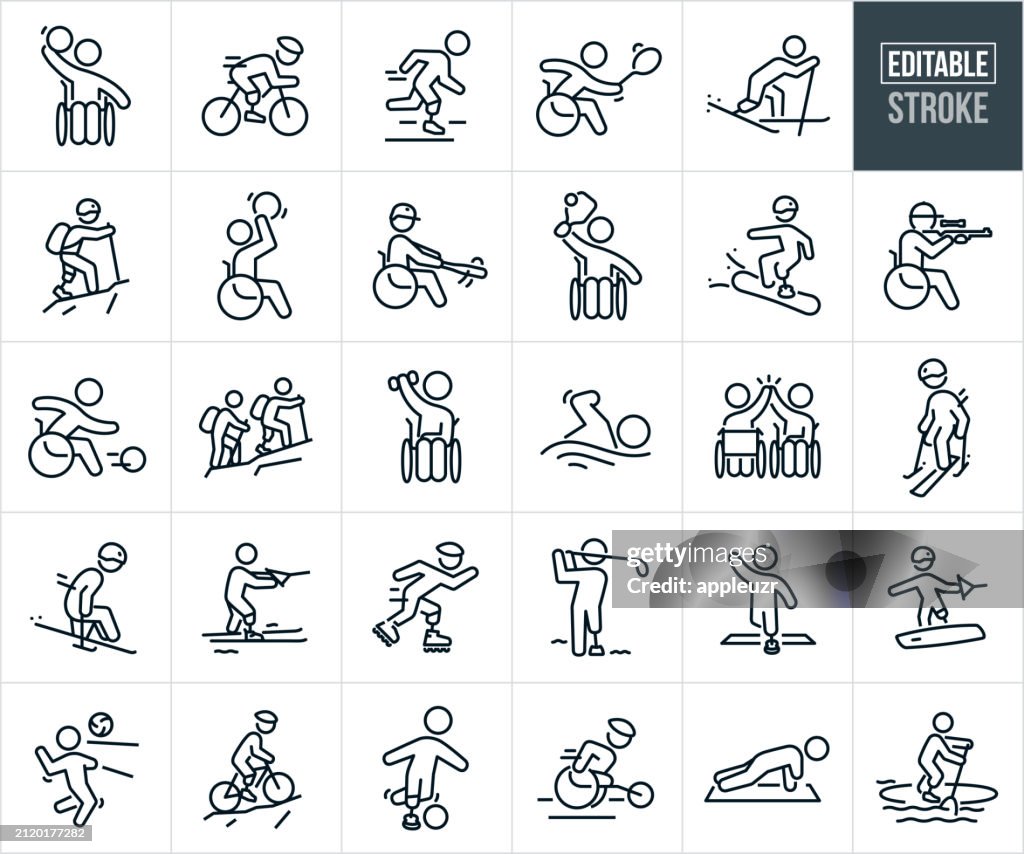 Adaptive Sports And Adaptive Athletes Thin Line Icons - Editable Stroke