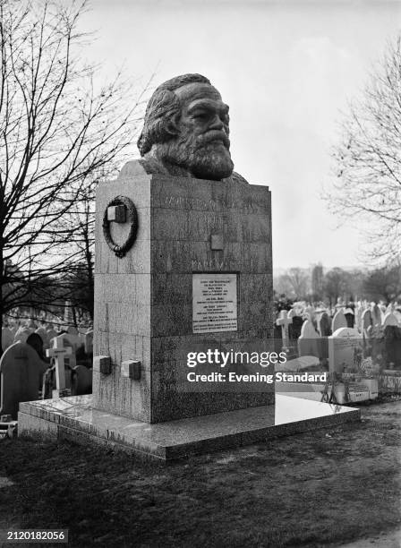 Karl Marx's tombstone at Highgate Cemetery, London, April 18th 1956. The monument was cleaned after being whitewashed in an anti-Soviet protest.