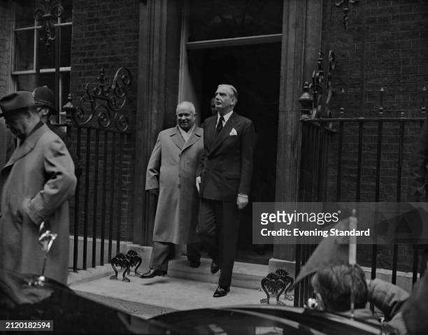 Soviet leader Nikita Khruschev and British Prime Minister Anthony Eden step outside of 10 Downing Street, London, April 19th 1956.