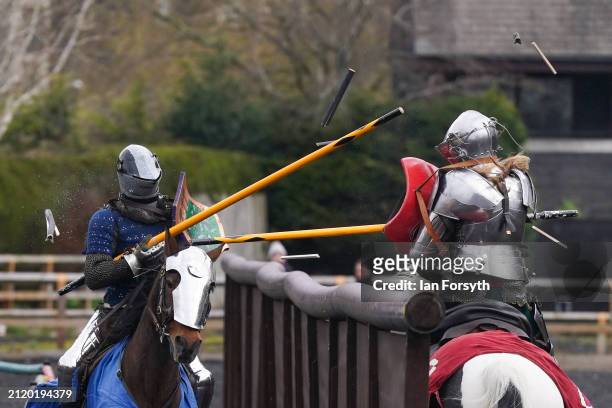 Riders joust as they practice during a press event ahead of the 2024 Easter International Jousting Tournament held at the Royal Armouries Museum in...