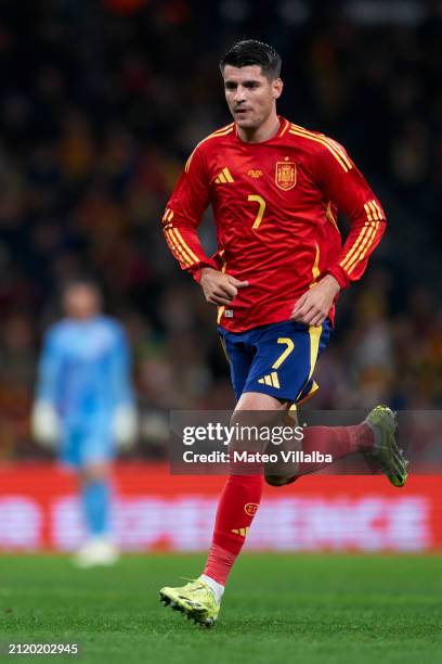 Alvaro Morata of Spain looks on during the International friendly match between Spain and Brazil at Estadio Santiago Bernabeu on March 26, 2024 in...