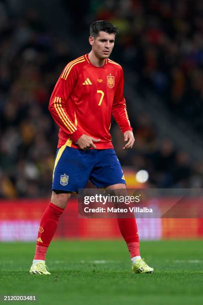 Alvaro Morata of Spain looks on during the International friendly match between Spain and Brazil at Estadio Santiago Bernabeu on March 26, 2024 in...