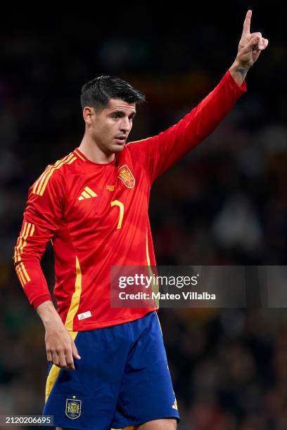 Alvaro Morata of Spain reacts during the International friendly match between Spain and Brazil at Estadio Santiago Bernabeu on March 26, 2024 in...