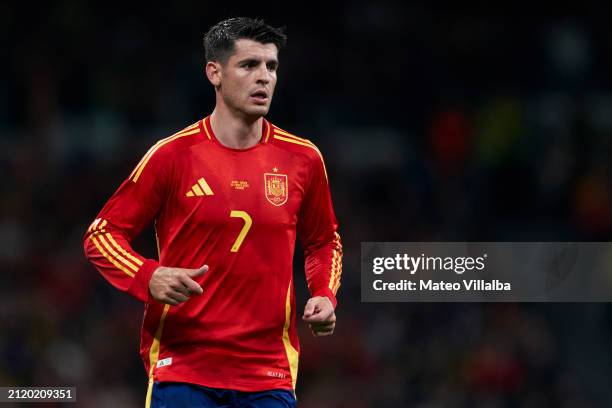 Alvaro Morata of Spain looks on during the International friendly match between Spain and Brazil at Estadio Santiago Bernabeu on March 26, 2024 in...