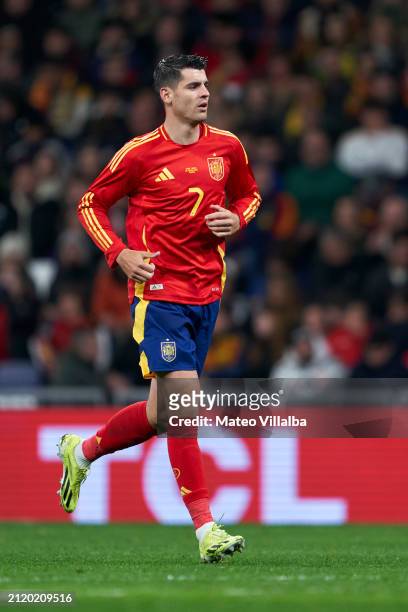 Alvaro Morata of Spain looks on during the International friendly match between Spain and Brazil at Estadio Santiago Bernabeu on March 26, 2024 in...