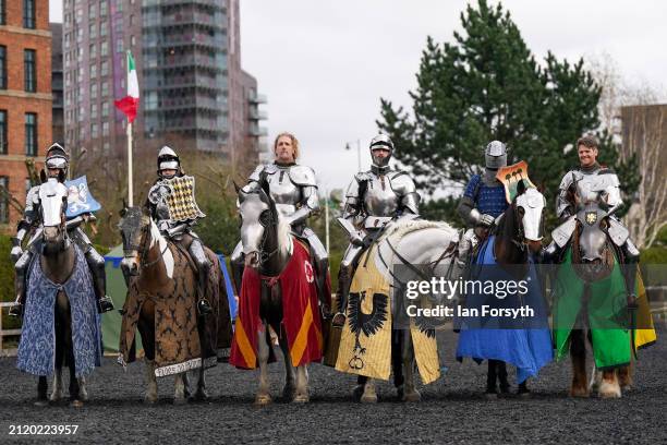 Knights on horseback pose for a picture during a press event ahead of the 2024 Easter International Jousting Tournament held at the Royal Armouries...