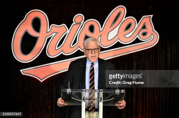 Majority owner David Rubenstein of the Baltimore Orioles talks to the media during a press conference ahead of Opening Day at Oriole Park at Camden...