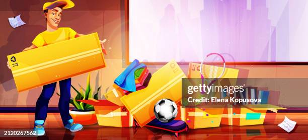 fast moving concept in cartoon style. a young man with cardboard boxes and personal belongings, ready to move, in a dilapidated premises. - belongings stock illustrations