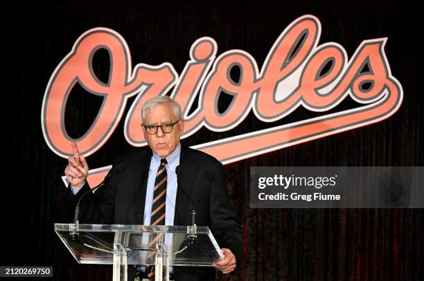 Majority owner David Rubenstein of the Baltimore Orioles talks to the media during a press conference ahead of Opening Day at Oriole Park at Camden...