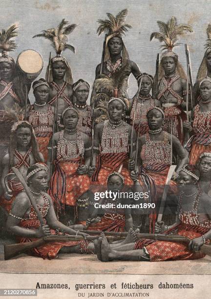 african kingdom of dahomey, amazons, dahomean warriors and witch doctors, 19th century. - west africa people stock illustrations