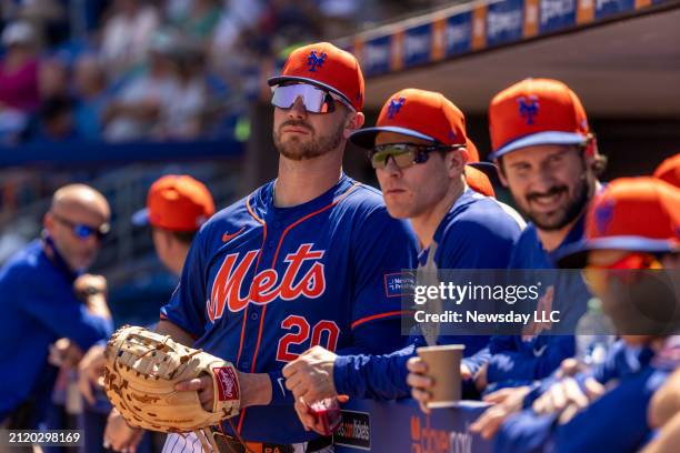 New York Mets infielder Pete Alonso , waits with teammates for the start of a spring training game against the St. Louis Cardinals, on February 28 in...