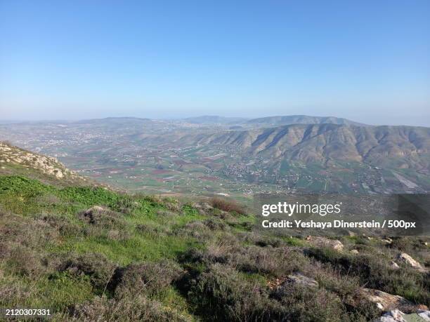 scenic view of landscape against clear blue sky,samaria,israel - yeshaya dinerstein stockfoto's en -beelden