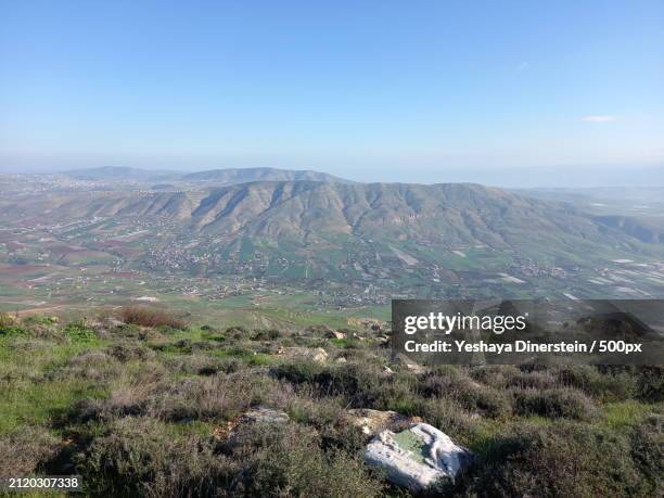 scenic view of landscape against clear sky,samaria,israel - yeshaya dinerstein stockfoto's en -beelden