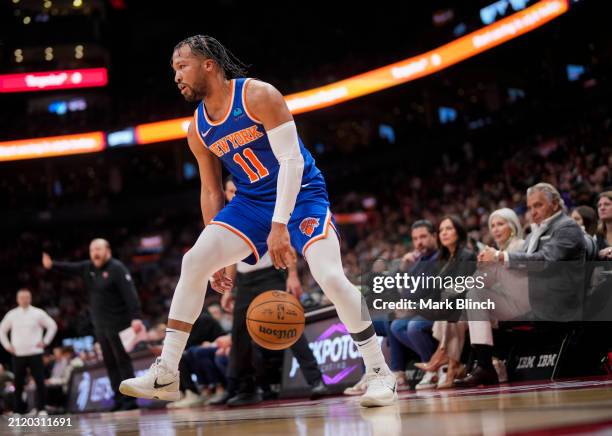 Jalen Brunson of the New York Knicks dribbles against against the Toronto Raptors during the first half of their basketball game at the Scotiabank...