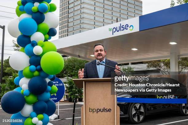 America, President & CEO, Orlando Alvarez speaks as BP Pulse celebrates the opening of the Pulse Gigahub EV charging station Wednesday, March 20...