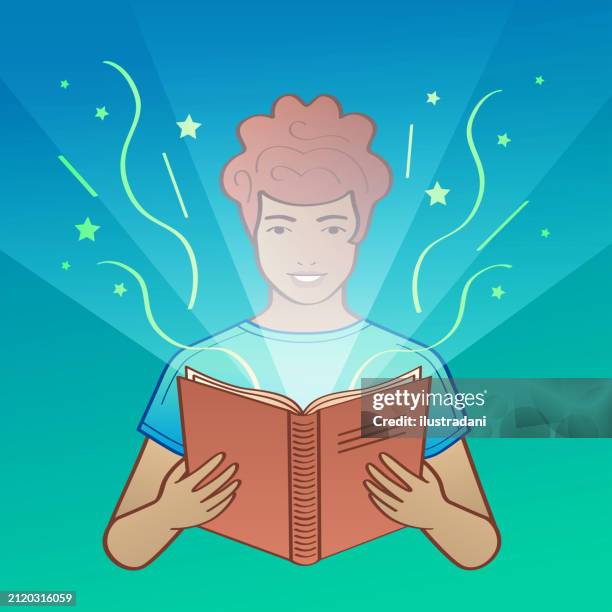 boy loving reading book - teenagers only stock illustrations