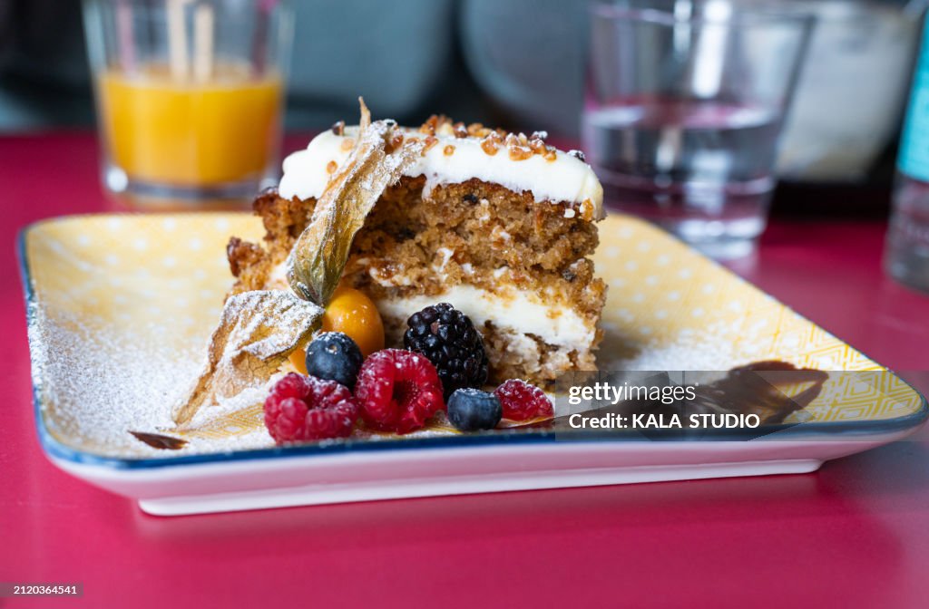 Delicious carrot cake piece. Delicious Vegan Carrot Cake