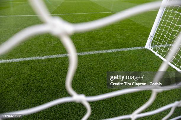 March 26: A generic image of a professional soccer goal mouth showing the netting and goal mouth white line at at Aviva Stadium on March 26th, 2024...