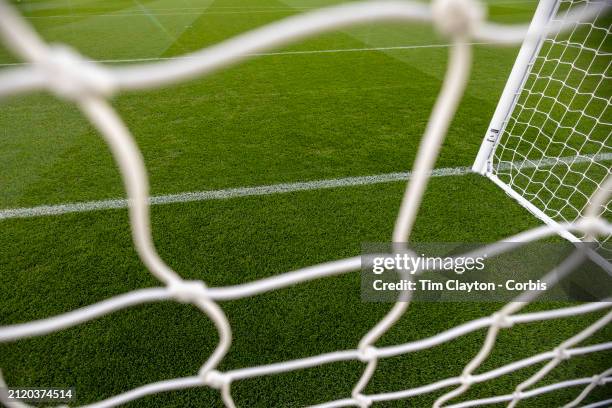 March 26: A generic image of a professional soccer goal mouth showing the netting and goal mouth white line at at Aviva Stadium on March 26th, 2024...