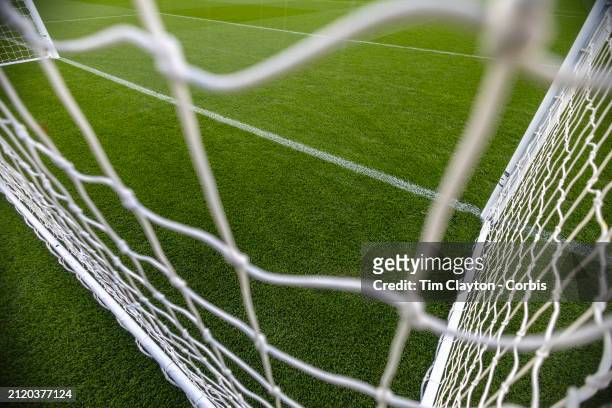 March 26: A generic image of a professional soccer goal mouth showing the netting and goal mouth white line at at Aviva Stadium on March 26th, 2024...