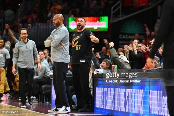 Travis Kelce of the Kansass City Chiefs celebrates during the second half of the game between the Cleveland Cavaliers and the Boston Celtics at...