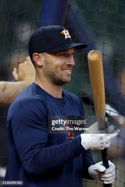 Alex Bregman of the Houston Astros takes batting practice before the Opening Day game against the New York Yankees at Minute Maid Park on March 28,...