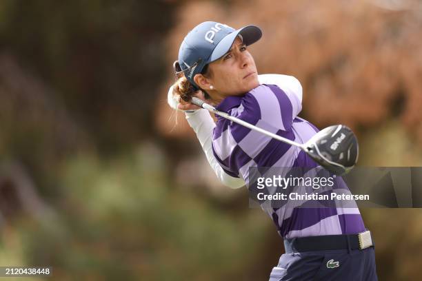 Azahara Muñoz of Spain plays her shot from the 11th tee during the first round of the Ford Championship presented by KCC at Seville Golf and Country...