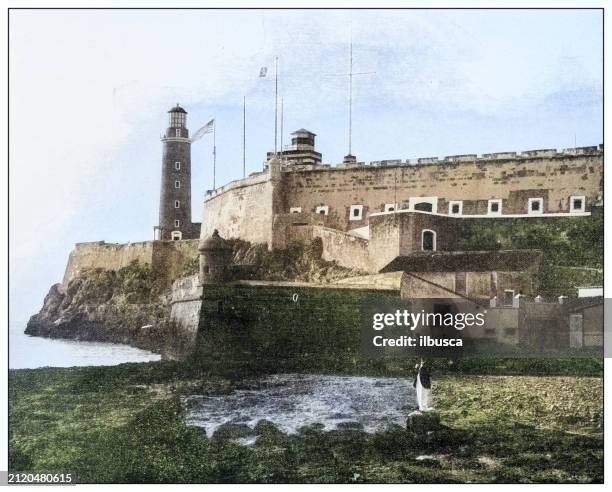 antique black and white photograph: morro castle, havana, cuba - morro bay stock illustrations