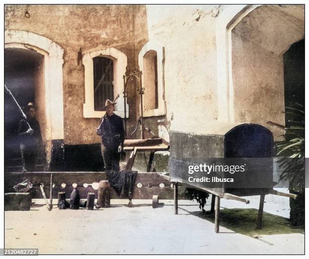 antique black and white photograph: dungeon under atares castle, cuba - old coffin stock illustrations