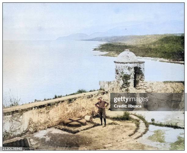 antique black and white photograph: top of morro castle, entrance to santiago de cuba harbor - el morro castle stock illustrations