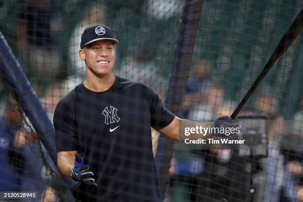 Aaron Judge of the New York Yankees takes batting practice before the Opening Day game against the Houston Astros at Minute Maid Park on March 28,...