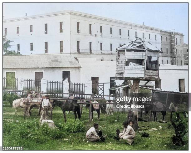 antique black and white photograph: market and barracks near morro castle, puerto rico - old san juan stock illustrations