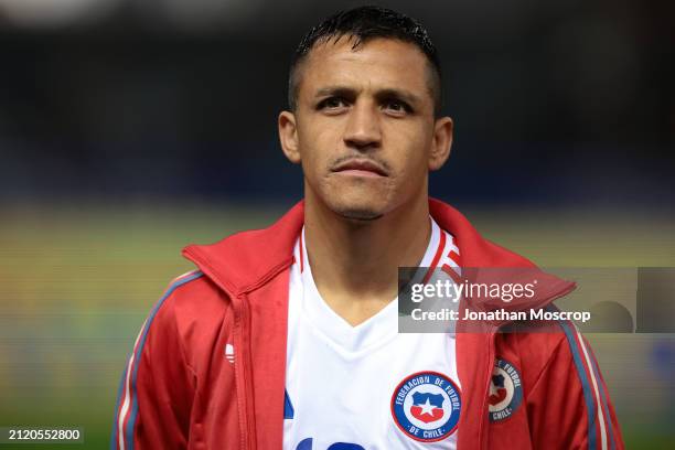 Alexis Sanchez of Chile looks on during the line up prior to the International Friendly match between Albania and Chile at Stadio Ennio Tardini on...