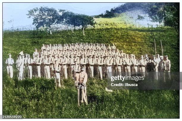 antique black and white photograph: spanish troops at guanica, puerto rico - caribbean indigenous illustration stock illustrations