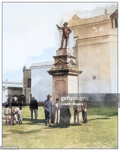 antique black and white photograph: monument to ponce de leon, puerto rico - ponce de leon stock illustrations