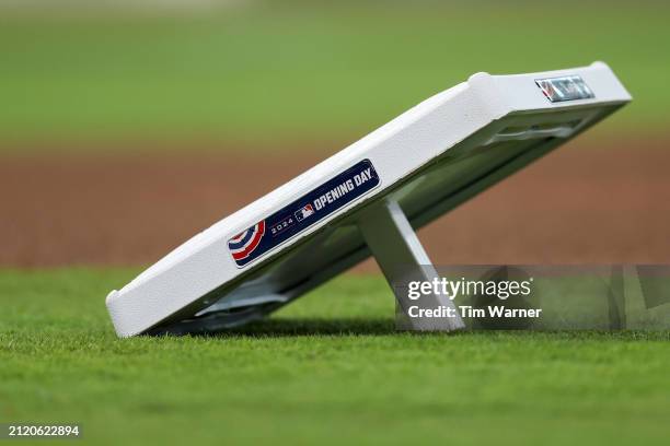 An Opening Day base is seen on the field before the game between the Houston Astros and the New York Yankees at Minute Maid Park on March 28, 2024 in...