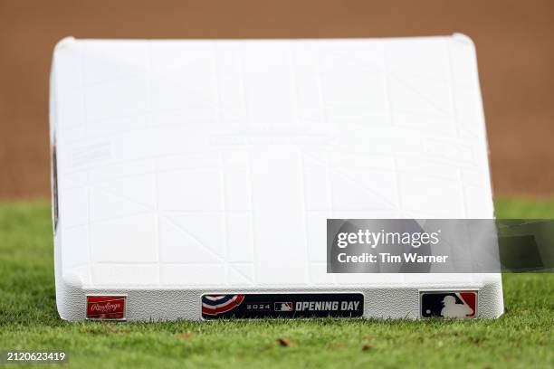 An Opening Day base is seen on the field before the game between the Houston Astros and the New York Yankees at Minute Maid Park on March 28, 2024 in...