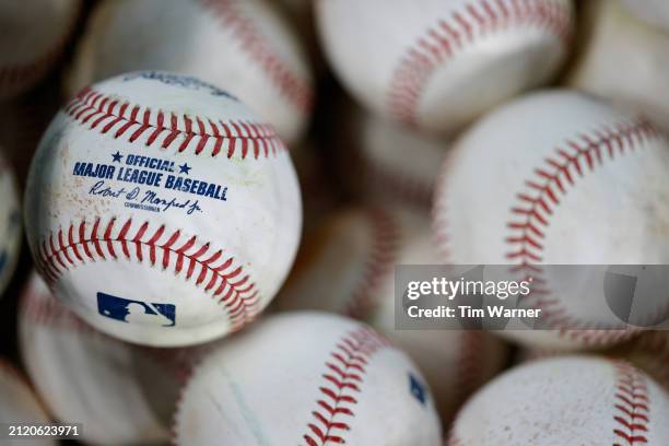 Basket of baseballs is seen on the field before the game between the Houston Astros and the New York Yankees at Minute Maid Park on March 28, 2024 in...