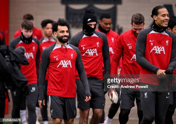 Mohamed Salah of Liverpool during a training session at AXA Training Centre on March 28, 2024 in Kirkby, England.