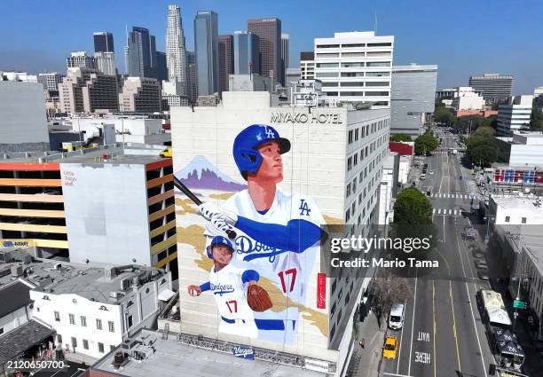 An aerial view of a new mural depicting Los Angeles Dodgers star Shohei Ohtani, created by artist Robert Vargas on the Miyako Hotel in the...