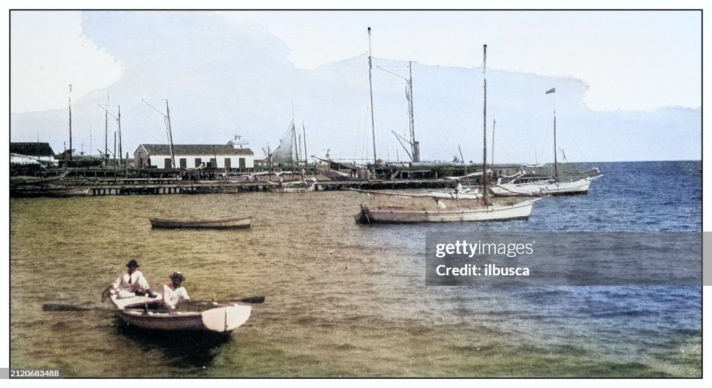 Antique black and white photograph: Fishing boats, Isla de la Juventud