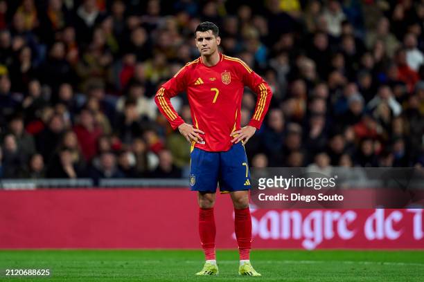 Alvaro Morata of Spain looks on during the international friendly match between Spain and Brazil at Estadio Santiago Bernabeu on March 26, 2024 in...