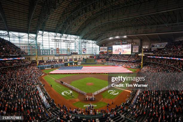 General view of the stadium during the National Anthem before the Opening Day game between the Houston Astros and the New York Yankees at Minute Maid...